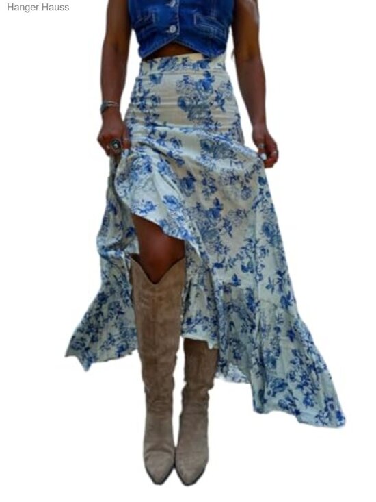 Dresses & Skirts - Maxi Skirt Floral Print Pleated Split High Waist Summer